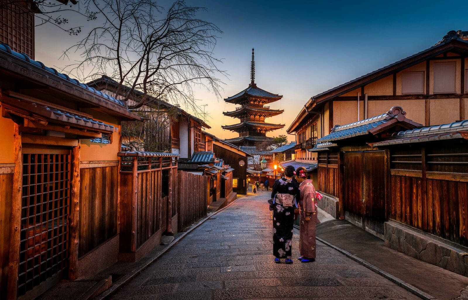 two women in purple and pink kimono standing on street